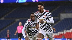 <p>Manchester United's Marcus Rashford celebrates after scoring the winner at the Parc des Princes in Paris. Photo by FRANCK FIFE/AFP via Getty Images</p>