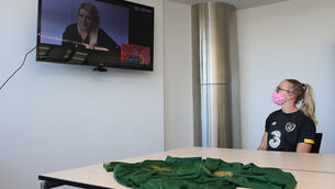<p>Ireland defender Louise Quinn watches the ‘What’s Next for Women in Sport?’ conference presented by 20x20 at the team hotel in Duisburg yesterday. Norwegian football superstar Ada Hegerberg, who won the first female Ballon d’Or in 2018, said the inclusion of women in that award was a pivotal moment for her sport. <span class="contextmenu emphasis CaptionCredit">	Picture: Stephen McCarthy/Sportsfile</span>
            </p>
