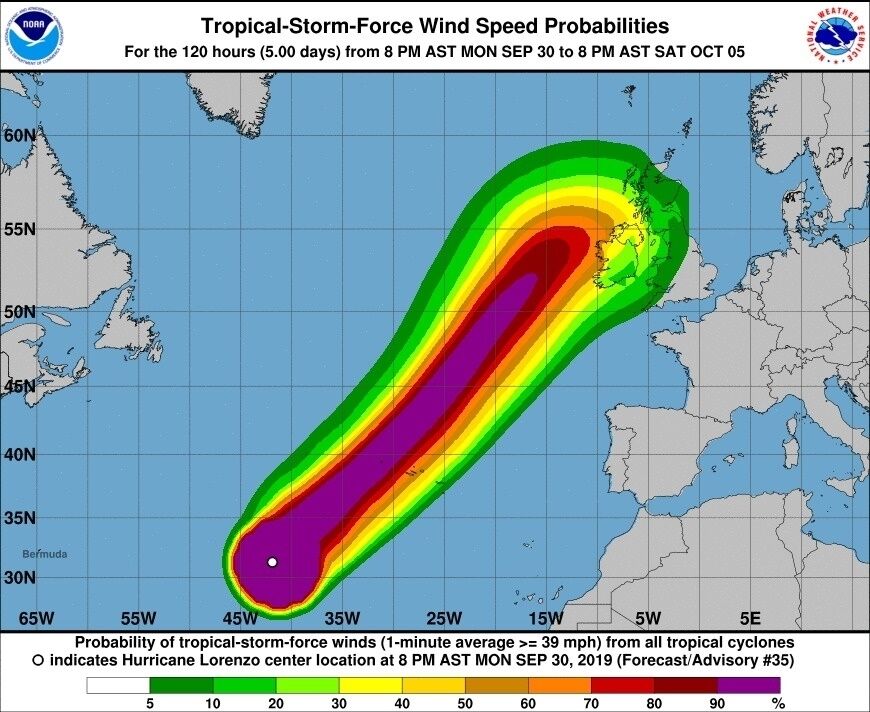 Wind speed probabilities for Tropical Storm Lorenzo . Pic via National Hurricane Centre.