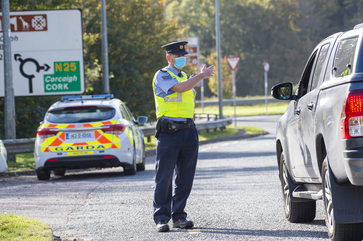 Sgt. Adrian Lemasney, roads policing, Midleton Garda Station on Covid-19 regulations checkpoint duty at Cobh Cross, Cork. Picture Dan Linehan