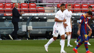 <p>Real Madrid head coach Zinedine Zidane, left, felt his side stepped up to the challenge at the Nou Camp Picture: Joan Monfort/AP</p>