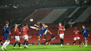 <p>Chelsea's Cesar Azpilicueta (centre left) and Manchester United's Harry Maguire (centre right) battle for the ball at Old Trafford. Photo: Oli Scarff/PA</p>