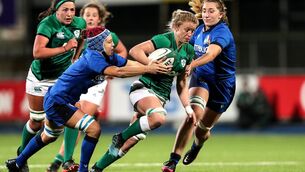 <p>Ireland’s Claire Molloy makes a break s as Italy’s Elisa Giordano and Francesca Sgorbini move in to tackle during the Women’s Six Nations Championship match in Donnybrook. 	<span class="contextmenu emphasis CaptionCredit">Picture: Laszlo Geczo</span>
            </p>