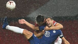 <p>TIGHT HOLD: Manchester United defender Harry Maguire grabs Chelsea’s Cesar Azpilicueta in a head lock in the penalty area during Saturday’s Premier League clash at Old Trafford.	<span class="contextmenu emphasis CaptionCredit">Picture: Oli Scarf/ Getty Images</span>
            </p>