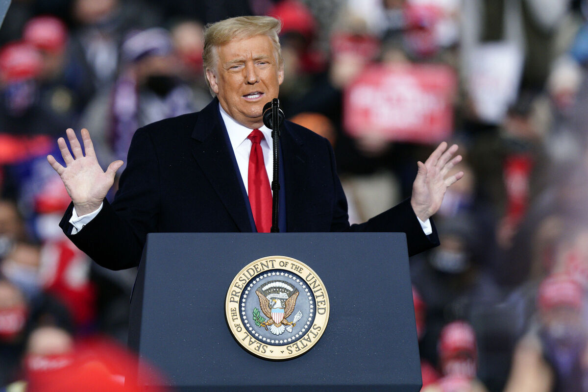 President Donald Trump speaks at a campaign rally at HoverTech International on Monday. Picture: AP Photo/Chris Szagola