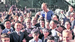 <p>Christy Ring shouldered high after Cork's 1953 All-Ireland win over Galway in Croke Park. The photo from the Irish Photo Archive has been colourised by Fiona Forde at irishfamilydetective.ie</p>