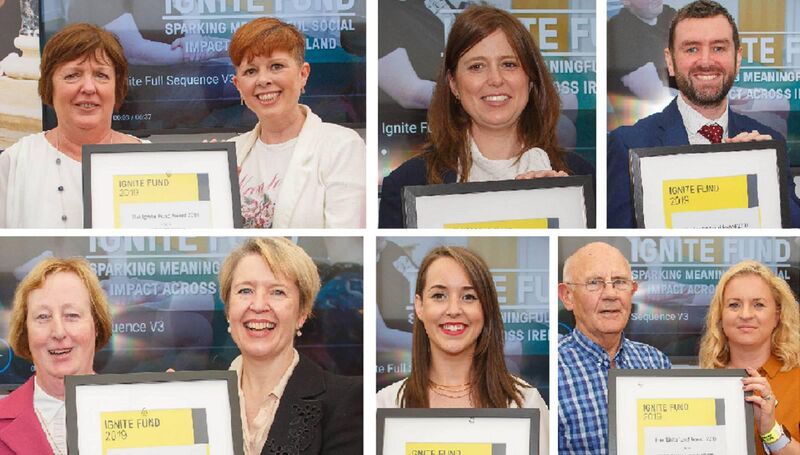 Ignite award winners: (top row) Mary Mulcahy and Ciara Kane of Community &amp; Family Services; Aine Costello from TLC Kidz, Barnardos; Brendan Breslin, Le Chéile Royal Irish Academy of Music. (bottom row) Sr Bernadette Sweeney and Denise Ni Dhuibhir, St Agnes’ Community Centre for Music and the Arts; Sinead Stack of Step Ahead, Acquired Brain Injury Ireland; and Tammy Darcy and Cyrill Darcy, of The Shona Project's Online Programme. 