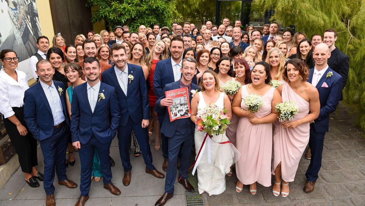 Holly Bough fans Wanfred Waterman, of Carrigtwohill, Co Cork, and Erica O'Neil, of Dunedin, South Island, New Zealand, at their wedding in Melbourne in November 2019, with family and friends from home and abroad. Photo: carmel@cprint.ie 
