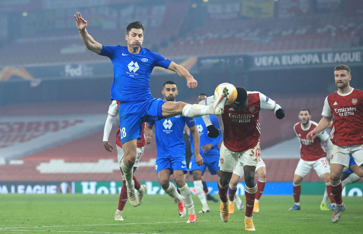 Arsenal's Eddie Nketiah (centre right) clears the ball from Molde's Kristoffer Haugen. Picture: Adam Davy