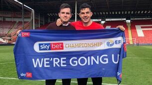 <p>MOVING ON UP: Eoin Doyle and John Egan celebrate Sheffield United’s promotion to the Premier League in 2019.</p>