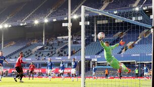 <p>Manchester United's Bruno Fernandes scores his side's opening goal to level the score at 1-1 during the Premier League match at Goodison Park, Liverpool. </p>