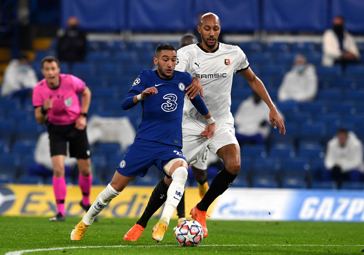 Chelsea's Hakim Ziyech (left) and Rennes' Steven Nzonzi battle for the ball during the Uwfa Champions League match Chelsea's Hakim Ziyech (left) and Rennes' Steven Nzonzi battle for the ball during the Uwfa Champions League match