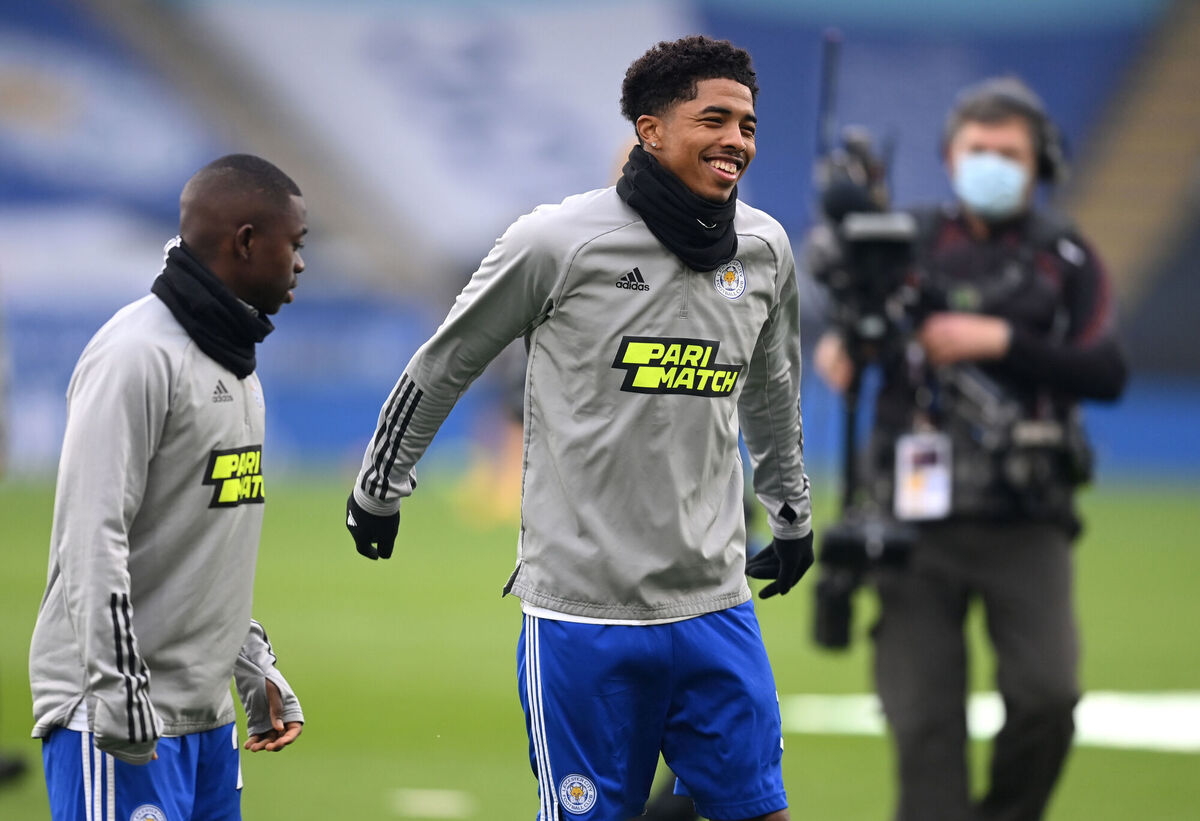 Leicester City's Nampalys Mendy (left) and Wesley Fofana warming up. Leicester City's Nampalys Mendy (left) and Wesley Fofana warming up.