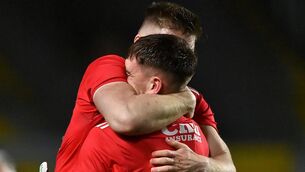 <p>Kevin Flahive of Cork, right, celebrates with team-mate Mark Keane after victory over Kerry. Picture: Brendan Moran/Sportsfile</p>