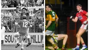 <p>Left, Cork wing-forward Tadgh Murphy celebrates scoring his side's winning goal in the 1983 Munster final and right, Mark Keane celebrates after his dramatic winner on Sunday.</p>