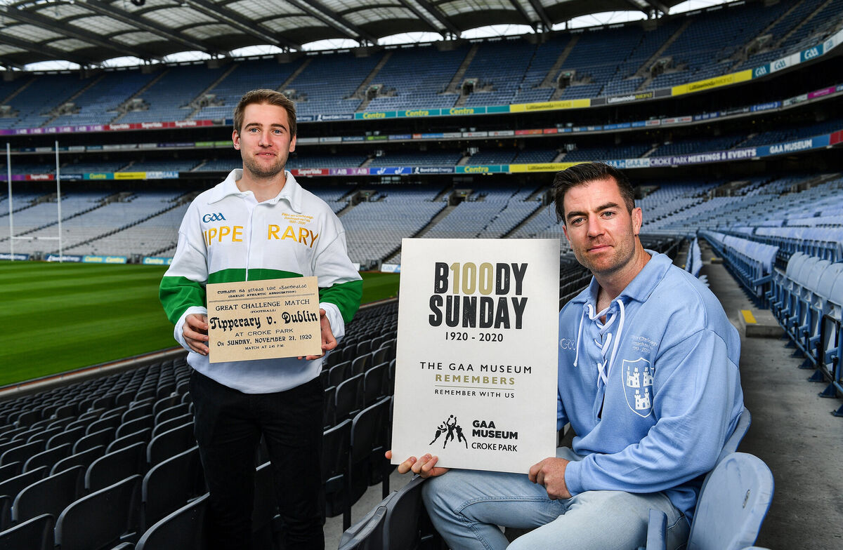 Tipperary footballer Bill Maher, left, and Dublin footballer Michael Darragh MacAuley remember the 14 victims who lost their lives in the Bloody Sunday tragedy 100 years on at the launch of the GAA Museum's Bloody Sunday centenary events series at Croke Park in August. Photos by Brendan Moran/Sportsfile