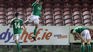 <p>Beineón O’Brien-Whitmarsh  celebrates after putting Cork City in front. 	Picture: INPHO/Laszlo Geczo</p>