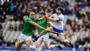 <p>NO QUARTER GIVEN: Waterford’s Jamie Barron competes with Limerick’s Dan Morrissey and Declan Hannon in last year’s Division 1 final at Croke Park. Another huge battle awaits tomorrow. <span class="contextmenu emphasis CaptionCredit">	Picture: Stephen McCarthy/Sportsfile</span>
            </p>