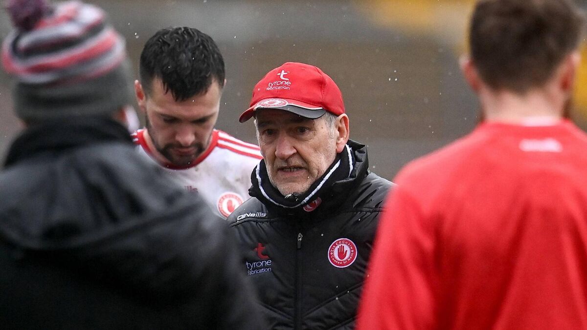 Tyrone manager Mickey Harte speaks to his players following the Ulster SFC loss to Donegal at Páirc MacCumhaill in Ballybofey. Photo by Harry Murphy/Sportsfile