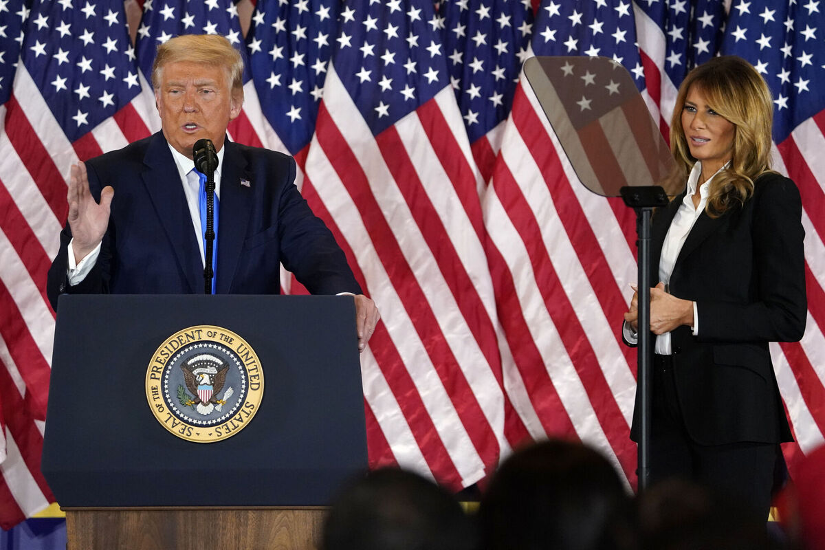 President Donald Trump speaks in the East Room of the White House, early Wednesday, Nov. 4, 2020, in Washington, as first lady Melania Trump listens. Picture: AP Photo/Evan Vucci