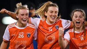 <p>Armagh players from left, Shauna Grey, Kelly Mallon, and Aoife McCoy celebrate following the TG4 All-Ireland Senior Ladies Football Championship Round 3 match at Parnell Park. Photo by Sam Barnes/Sportsfile</p>