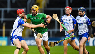 <p>Tom Morrissey of Limerick is tackled by Tadhg De Búrca of Waterford. Picture: Brendan Moran/Sportsfile</p>