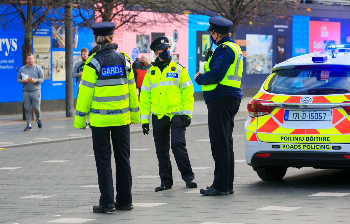 Members of the Gardai at a checkpoint on O'Connell Street during the Coronavirus Covid 19 pandemic in Dublin's city centre.