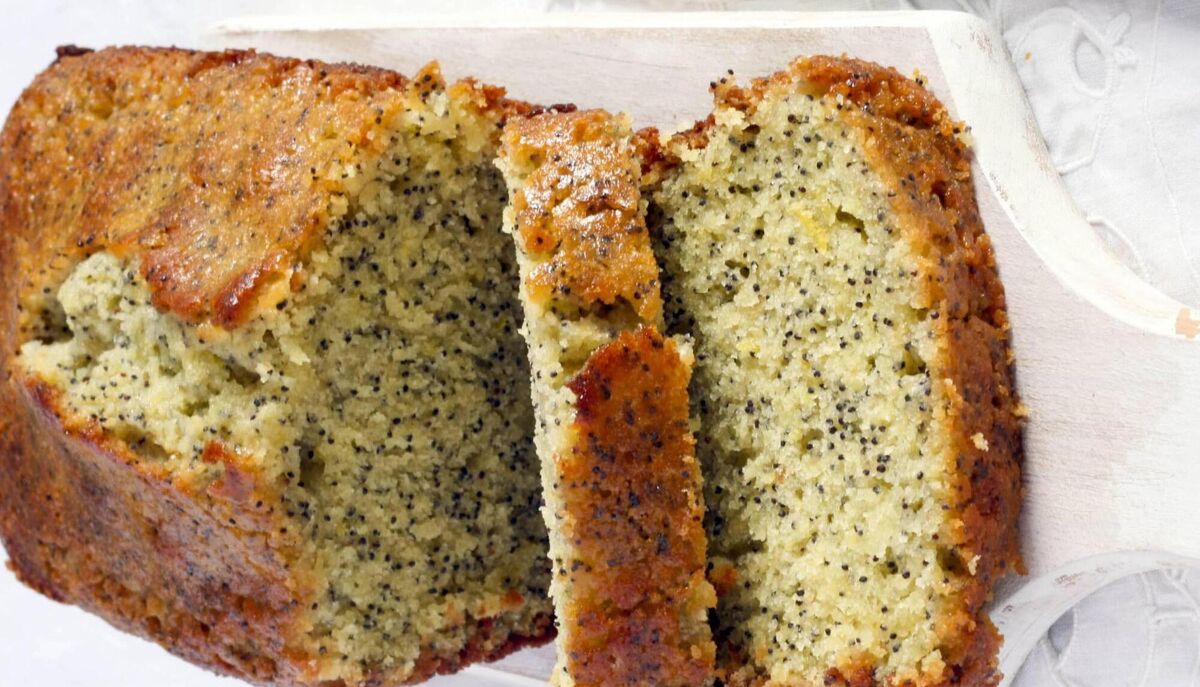 Lemon and poppy seed loaf cake, sliced.