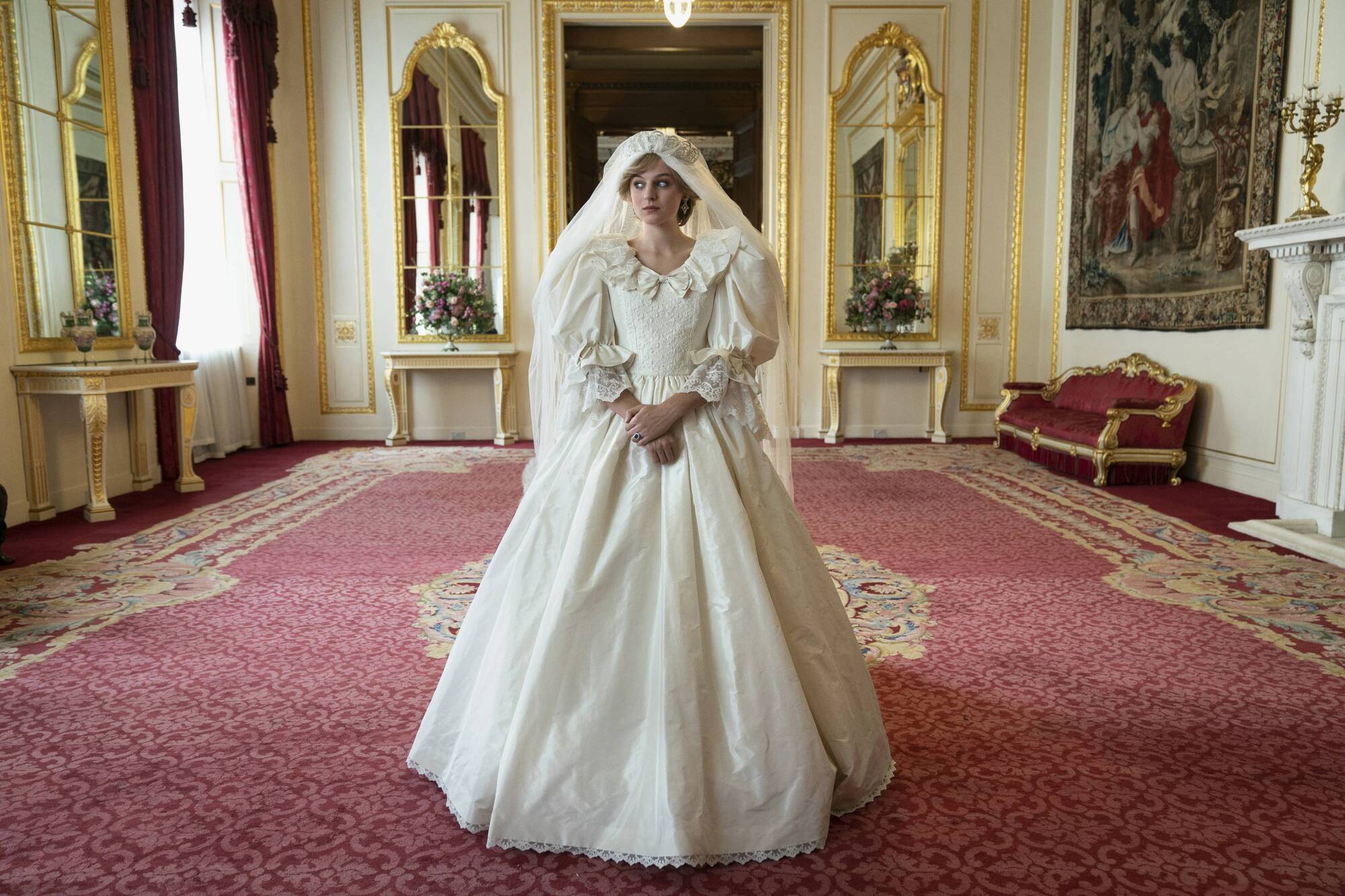 Princess Diana (Emma Corrin): The Crown costume designer wanted to create something that wasn’t an exact replica of Lady Diana’s original dress but which captured the same spirit and style of David & Elizabeth Emanuel’s iconic design
