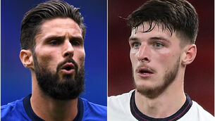 <p>Olivier Giroud and Declan Rice (Daniel Leal-Olivas/Nick Potts/PA)</p>