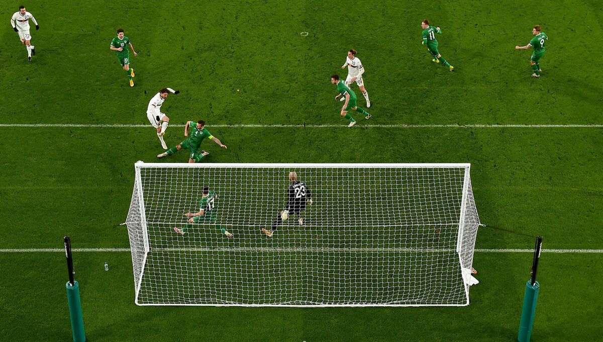Shane Duffy blocks a shot by Kristian Dimitrov of Bulgaria. Picture: Sam Barnes/Sportsfile