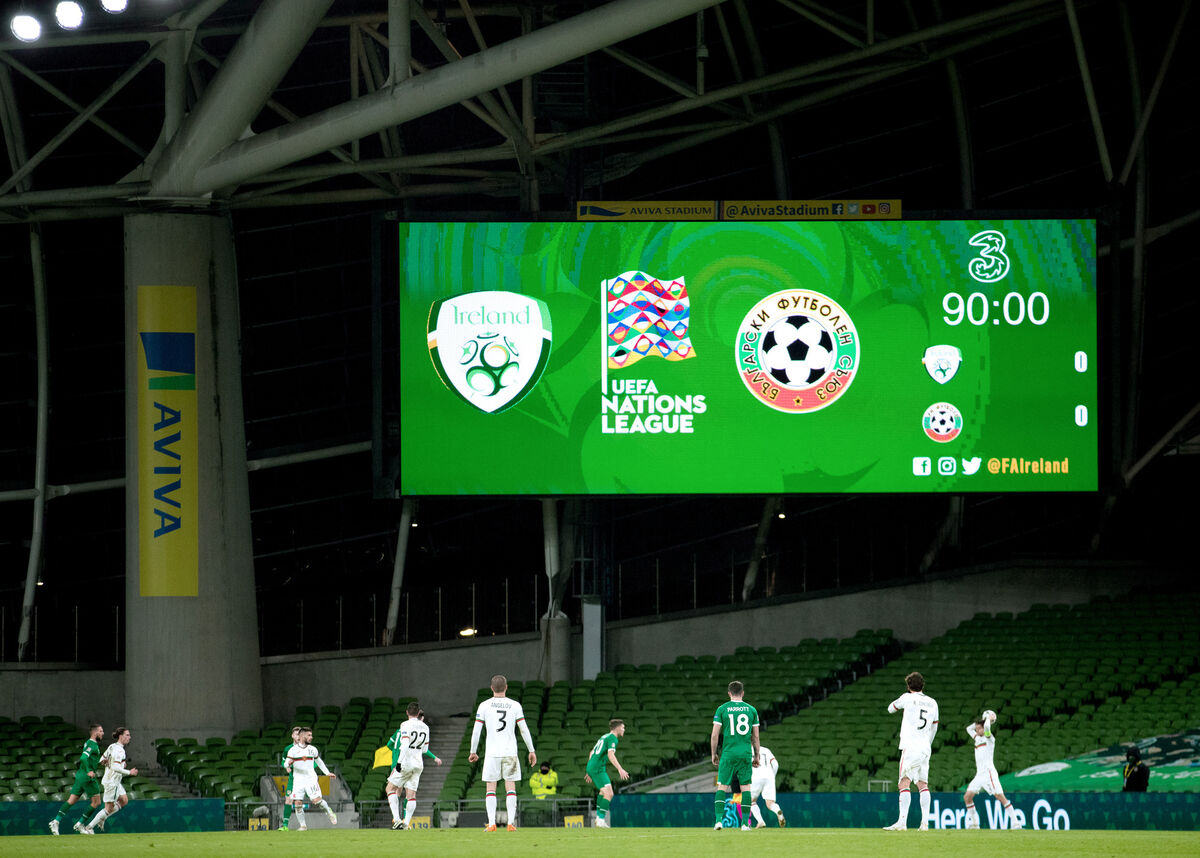A general view of the action, including the scoreboard showing Ireland drawing another blank. Picture: INPHO/James Crombie