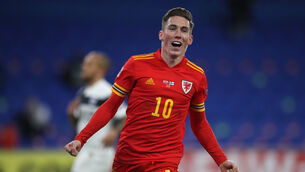 <p>Harry Wilson celebrates after scoring Wales’ opening goal against Finland (Nick Potts/PA)</p>