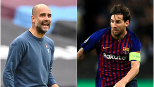 <p>Pep Guardiola and Lionel Messi (PA)</p>