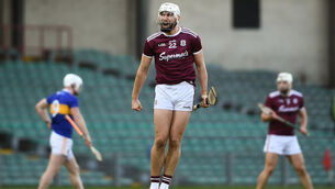 <p>Galway's Jason Flynn celebrates his side's third goal scored by Aidan Harte at LIT Gaelic Grounds. Photo by David Fitzgerald/Sportsfile</p>
