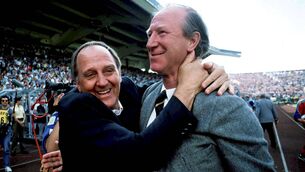 <p>Republic of Ireland manager Jack Charlton, right, and assistant manager Maurice Setters celebrate at the final whistle of the Euro 88 win against at Neckarstadion in Stuttgart. Photo by Ray McManus/Sportsfile</p>