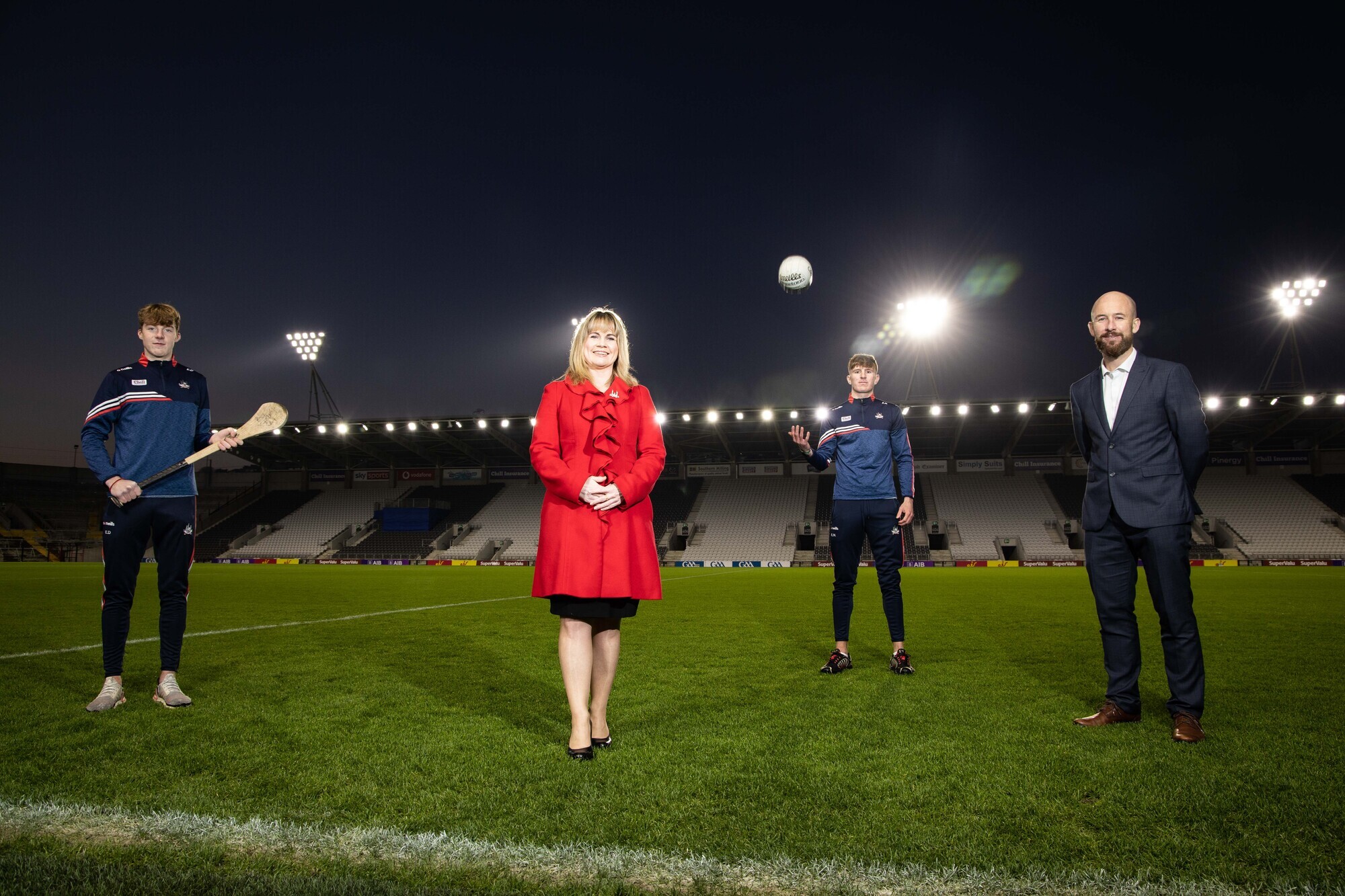 Eoin Downey, Captain Cork Minor Hurling, Tracey Kennedy, Cork GAA Chairperson, Eoghan Nash, Captain Cork Minor Football and Kevin O’Donovan, CEO/Secretary Cork GAA in Páirc Uí Chaoimh at the launch of One Cork. Picture Darragh Kane