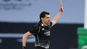 <p>Referee Pascal Gauzere during the Nations Cup clash between England and Ireland last weekend. Picture: INPHO/Billy Stickland</p>