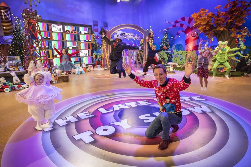 Isabella Douglas (4), Eve Murphy (9), Noah Oglesby (12), Charley Bolster (9), Enya Allen (8) and Teaghan Nolan (10) are pictured with Ryan Tubridy on the Roald Dahl themed set of this years The Late Late Toy Show. Picture: Andres Poveda