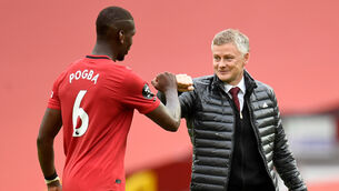 <p>Ole Gunnar Solskjaer, right, said Paul Pogba was “very unlikely” to be fit to face Southampton (Peter Powell/NMC Pool/PA)</p>
