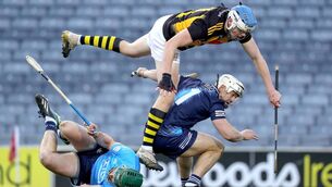 <p>Kilkenny’s TJ Reid is sent tumbling by a combination of Dublin goalkeeper Alan Nolan and James Madden in the Leinster SHC semi-final. To beat the Cats, Waterford will have to stop Reid. <span class="contextmenu emphasis CaptionCredit">Picture: INPHO/Bryan Keane</span>
            </p>