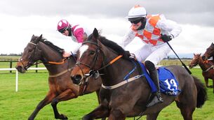 <p>Beating The Odds and Eoin Mahon (near) beats Optum (far) to win the John Thomas McNamara Series (Q.R) Handicap Hurdle at Fairyhouse in November. Picture: Healy Racing</p>