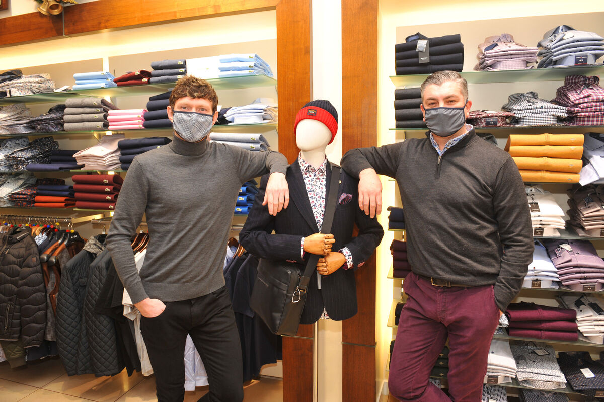 Roy Power and Eddie Mullins of Fitzpatrick Menswear in Cork City have their masks ready to go. Picture: Larry Cummins. Roy Power and Eddie Mullins of Fitzpatrick Menswear in Cork City have their masks ready to go. Picture: Larry Cummins.