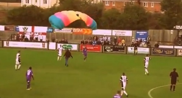 Football fan invades pitch - from above
