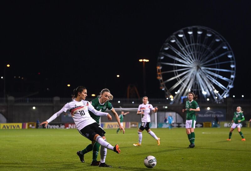 Dzsenifer Marozsán of Germany in action against Louise Quinn. Picture: Stephen McCarthy/Sportsfile