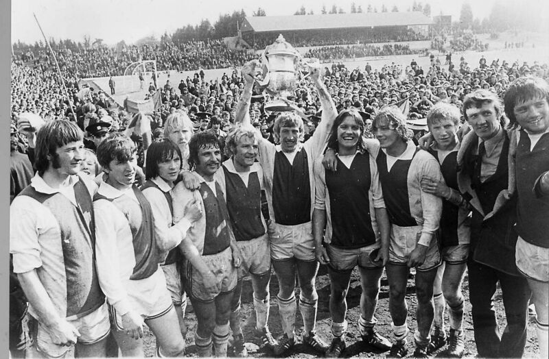 Cork Hibs after winning the FAI Cup in the 1973 replay with Shelbourne at Flower Lodge. 