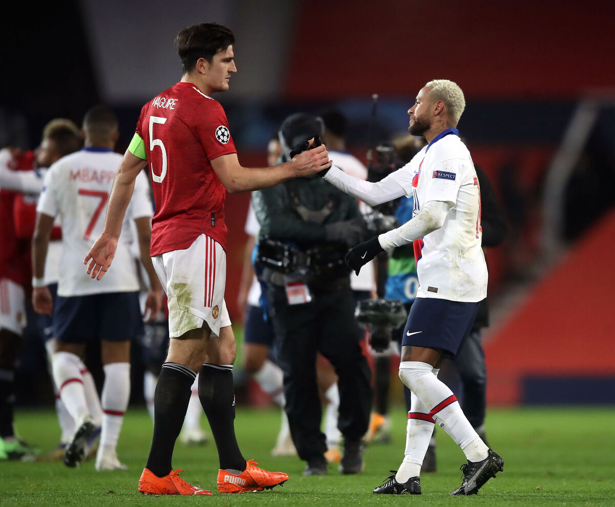 Manchester United's Harry Maguire greets Paris Saint Germain's Neymar after the final whistle. Picture: Martin Rickett Manchester United's Harry Maguire greets Paris Saint Germain's Neymar after the final whistle. Picture: Martin Rickett