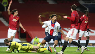 <p class="contextmenu internal_Caption">Paris Saint Germain’s Marquinhos celebrates scoring Paris Saint Germain’s ’s second goal during the Champions League Group H clash with Manchester United at Old Trafford. <span class="contextmenu emphasis CaptionCredit">Picture: Martin Rickett</span>
            </p>
