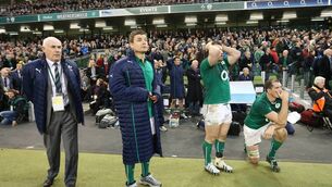 <p>Ireland manager Mick Kearney, Brian O’Driscoll, Cian Healy, and Devin Toner watch the last minutes of the Ireland v All Blacks clash at Lansdowne Road in 2013, which the All Blacks won at the death. <span class="contextmenu emphasis CaptionCredit">Picture: Inpho/Billy Stickland</span>
            </p>