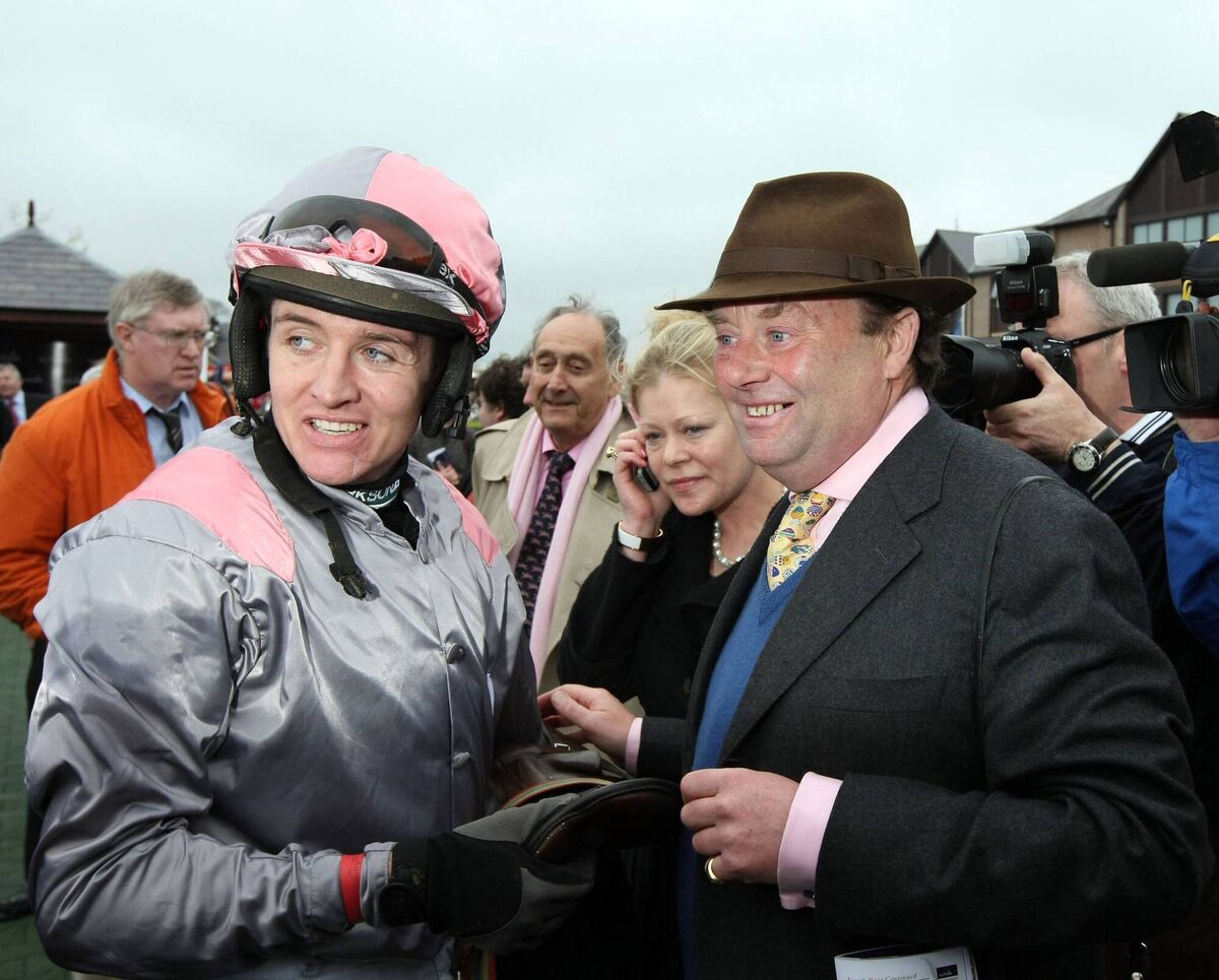 Barry Geraghty celebrates winning the 2008 Punchestown Champion Hurdle on Punjabi with trainer Nicky Henderson. Picture: INPHO/Morgan Treacy